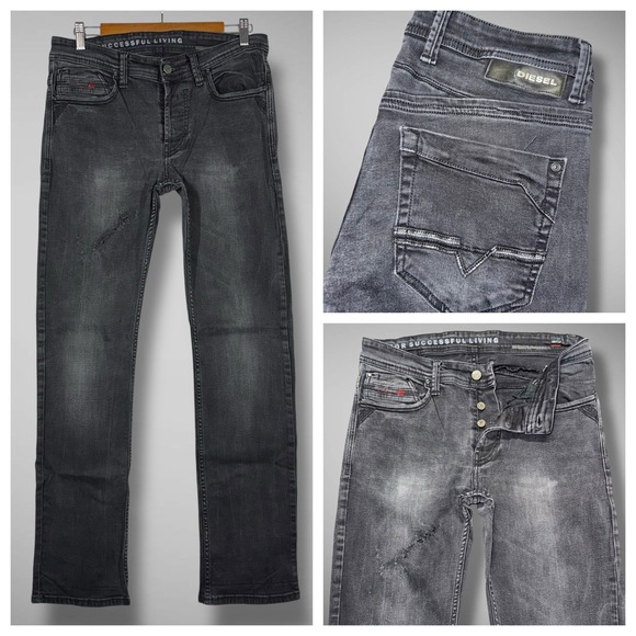 Diesel Jeans Men 30x33 Black Straight Leg Stretch Grunge Distressed 008SS Y2K - Picture 1 of 15